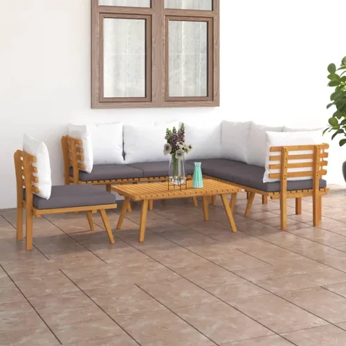 Ensemble de Salon de Jardin Modulaire en Bois d'Acacia Massif Gris Foncé, Grand Canapé d'Extérieur avec Coussins Confortables pour Terrasse, Balcon,
