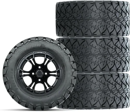 GTW Combo de ruedas y neumáticos para carrito de golf de 12 pulgadas | Ruedas Spyder negro mate en neumáticos Timberwolf todo terreno de 22 x 10-12