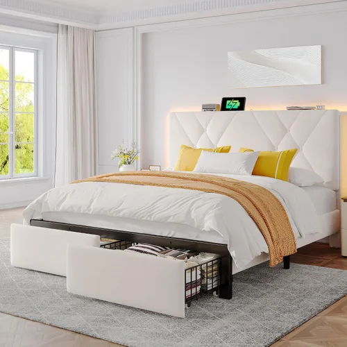Miniatura 8 de EnHomee Marco de Cama Queen con 2 Cajones, Cabecera Tapizada con Estación de Carga, Marco de Cama de Terciopelo Acolchado y Luces LED, No Necesita