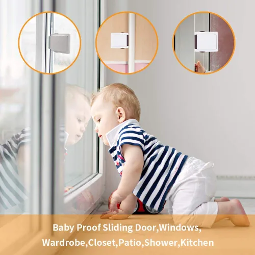 Miniatura 4 de Goodv Cerradura de puerta corrediza para ventana a prueba de niños, 4 paquetes grises