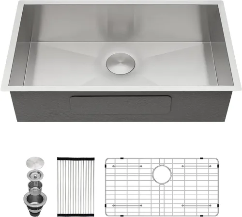 Kichae fregadero de cocina bajo encimera de 32 pulgadas, de un solo tazón, de acero inoxidable, calibre 16, de esquina redonda, hecho a mano,