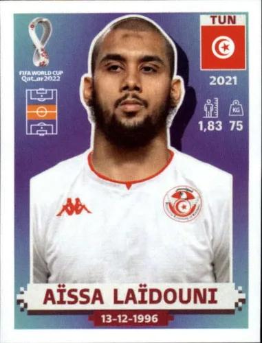 2022 Panini World Cup Soccer Sticker #TUN14 Aissa Laidouni Tunisia Group D Official Qatar WC Album Sticker in Raw (NM or Better) - Measuring 2