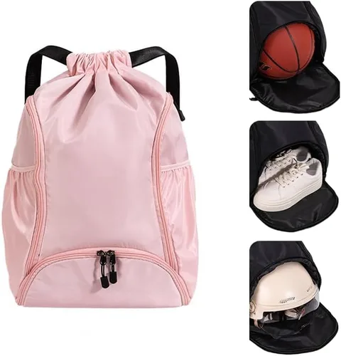 Miniatura 12 de Mochila deportiva con cordón, bolsa de gimnasio impermeable para mujeres y hombres, paquete de baloncesto con compartimento para zapatos, Negro