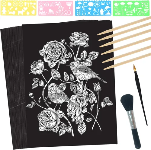 Miniatura 8 de ZOCONE Juego de arte de papel para rascar, 30 hojas de 8 x 11 pulgadas, papel para rascar grande con lápices y plantillas de madera, papel de arte