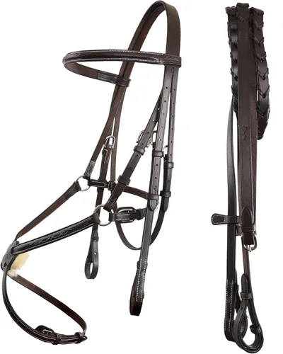 Exion Figura 8 - Brida de caballo con riendas de cuero | Brida de salto inglesa con banda nasal de figura 8 | Brida ecuestre negra y marrón para