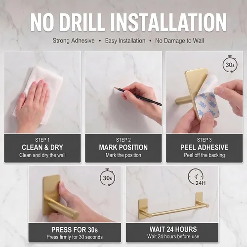 Miniatura 3 de Songtec Barra de Toalla Dorada de 16 Pulgadas, Soporte de Toalla Adhesivo para Baño Sin Taladro, Soporte de Toalla con Montaje de Cinta de Adhesión