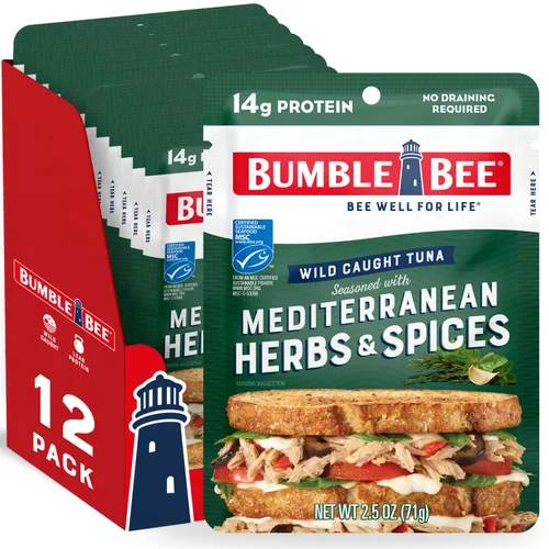 Miniatura 35 de Bumble Bee - Atún sazonado con hierbas y especias mediterráneas, sobre de 71 g - Listo para comer - Paquete de atún capturado de forma salvaje - 14