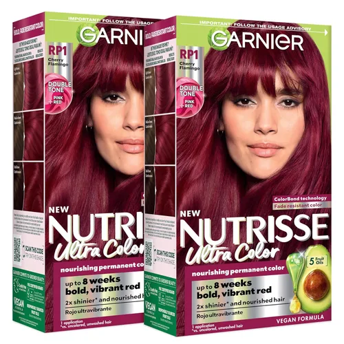 Garnier Nutrisse Ultra Color - Crema nutritiva para el cabello, RP1 rojo intenso oscuro rosado (Cherry Flamingo), tinte permanente para el cabello,