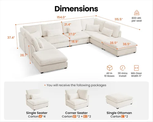 Miniatura 2 de Sofá modular de gran tamaño, sofá seccional de pana Cloud extra profundo con diván otomano chaise, sofá cama de chenilla esponjosa de 8 plazas