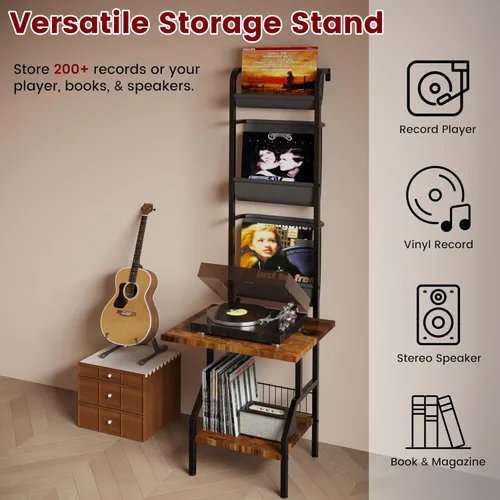 Miniatura 7 de Lutown-Teen Soporte para tocadiscos con almacenamiento de vinilo, mesa para tocadiscos con capacidad para hasta 200 álbumes, soporte giratorio de 5