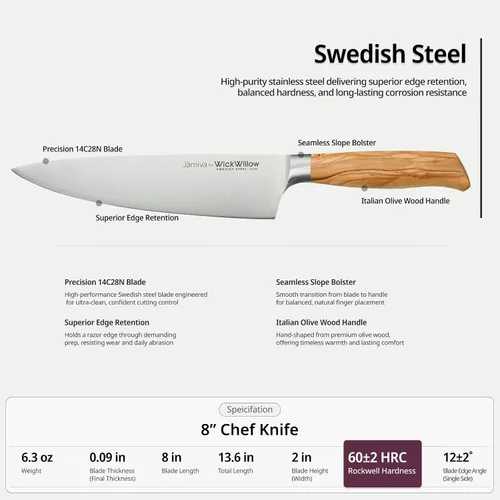 Miniatura 5 de WICKWILLOW - Cuchillo de chef de 8 pulgadas – Cuchillo de cocina de acero sueco ultra afilado con mango de madera de olivo italiano – Cuchillo