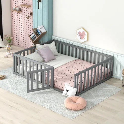 Miniatura 10 de Harper & Bright Designs Cama Montessori doble con valla y puertas, marco de cama de piso para espacios pequeños, sin rejas, gris