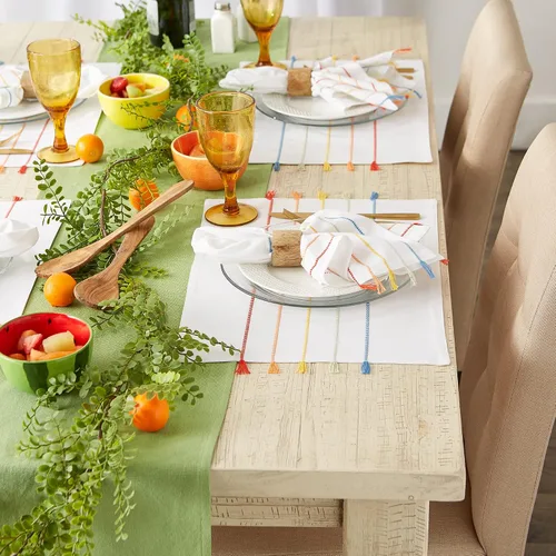 Miniatura 4 de DII Colección decorativa de mesa con borlas, lavable a máquina, juego de manteles individuales, 13x19, blanco y arcoíris, 4 piezas