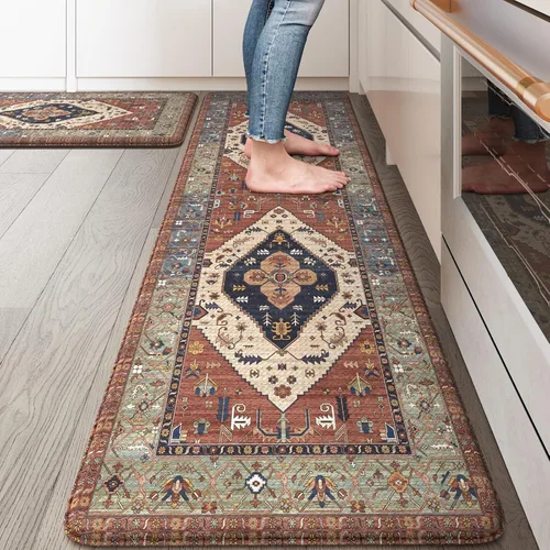 Miniatura 26 de KIMODE - Juego de 2 tapetes de cocina bohemios, antifatiga, antideslizantes, impermeables, ergonómicos, acolchados, cómodos, para lavandería, Caqui