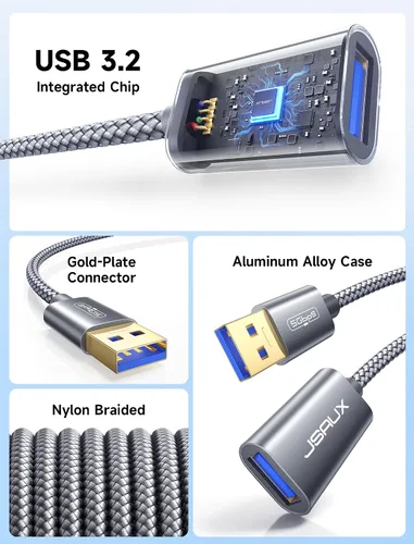 Miniatura 4 de Cable de Extensión USB 3.0 de 6.6 Pies, JSAUX Cable de Extensión USB A Macho a Hembra Material Trenzado Duradero Transferencia Rápida de Datos