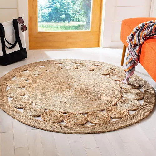 Miniatura 2 de Alfombra redonda de yute tejida a mano, diseño de círculo, alfombra beige natural (2 x 2 pies)