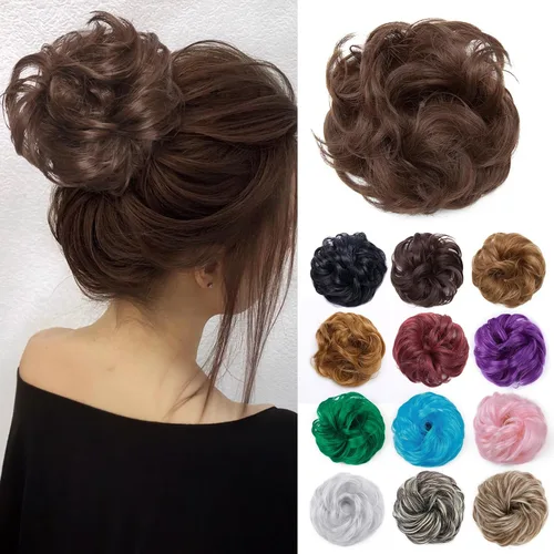 Miniatura 24 de Benehair Moño desordenado, pieza de pelo recogido para mujer, esponjoso, ondulado, moño con dona, moño sintético con banda elástica de goma