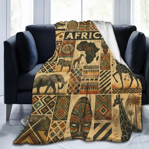 Miniatura 9 de Manta con diseño étnico de mapa tribal africano, diseño vintage de animales de safari africanos, manta suave y acogedora de vellón mullido, mantas