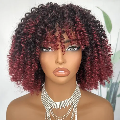 Miniatura 9 de SOKU Peluca de cabello corto rizado para mujeres negras, peluca corta rizada con flequillo, 10 pulgadas, rubia, resistente al calor, para mujer