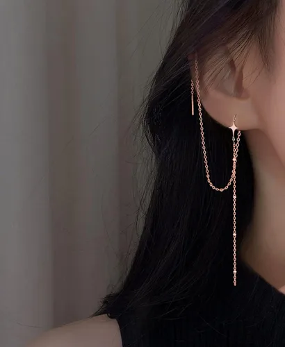 Miniatura 2 de SLUYNZ 925 Sterling Silver Star Long Dangle Earrings Chain for Women Teens Line Dangle Earrings Tassel Threader Chain