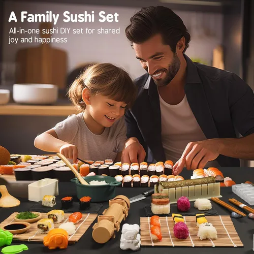 Miniatura 6 de Kit de fabricación de sushi Delamu 27 en 1 [Padre-Hijo] Kit de sushi, para principiantes/expertos en sushi, con esteras de bambú para sushi, bazuca