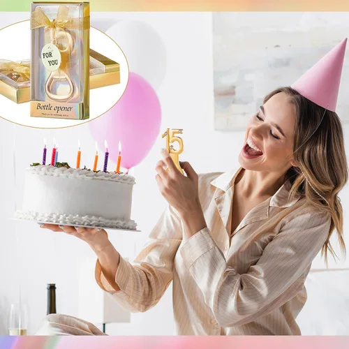 Miniatura 7 de Suclain 36 piezas de recuerdos de fiesta de quinceañera, regalos de fiesta de cumpleaños de 15 años, abrebotellas doradas con caja de regalo