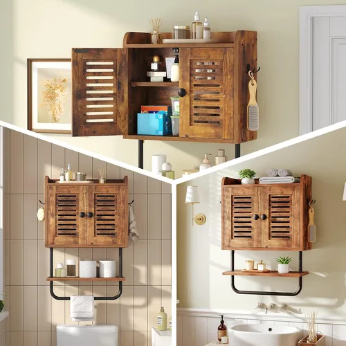 Miniatura 7 de HOOBRO Botiquín de baño, gabinete de pared para baño de doble puerta con toallero, estante ajustable, 2 ganchos, gabinete de almacenamiento sobre