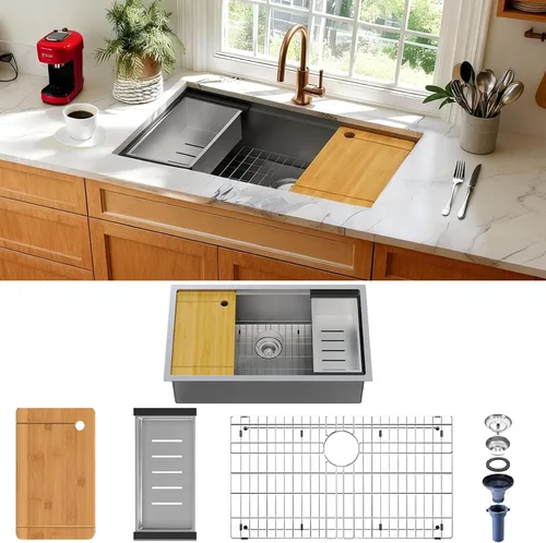 Miniatura 12 de Fregadero de cocina de acero inoxidable S304 de calibre 16, 30 x 18 x 10 pulgadas, hecho a mano, moderno, con accesorios y fregaderos de cocina
