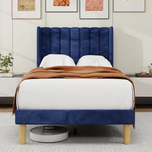 Miniatura 30 de alazyhome - Marco de cama tapizado de plataforma tamaño Queen con cabecera, soporte de listones de madera, sin ruido, fácil montaje, terciopelo beige