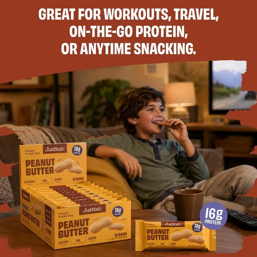 Miniatura 4 de JUSTNOSH Peanut Butter - Barras de proteína de colágeno, 0.63 onzas de proteína, 0.35 onzas de colágeno, sin gluten y lácteos, bajo FODMAP, sin