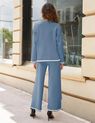 Miniatura 7 de Lentta Conjunto de 2 piezas de suéter de punto de manga larga para mujer, pantalones de pierna ancha, conjunto de descanso