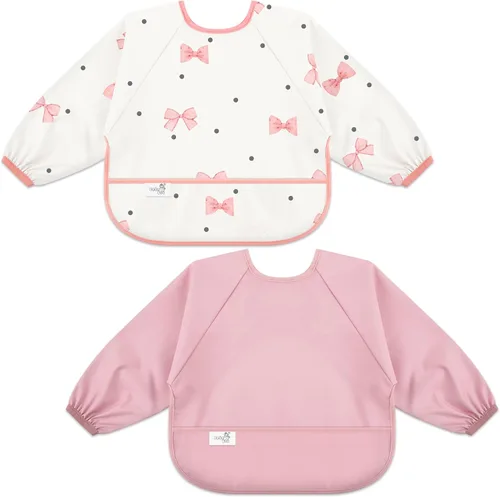 Miniatura 11 de Babero de manga larga para bebé, tela impermeable, bolsillo recolector, babero delantal para bebé, mangas ajustables