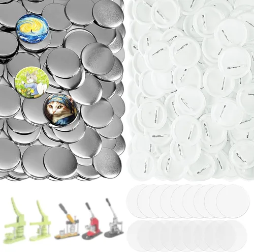 KUNTAERY 200 juegos de suministros para máquina de botones de 2.25 pulgadas, piezas redondas de 58 mm con cubiertas metálicas, pines de plástico,