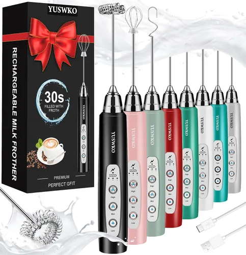 Miniatura 12 de YUSWKO - Espumador de leche recargable de mano con 3 cabezas, mezclador de bebidas con 3 velocidades ajustables para latte, cappuccino, chocolate