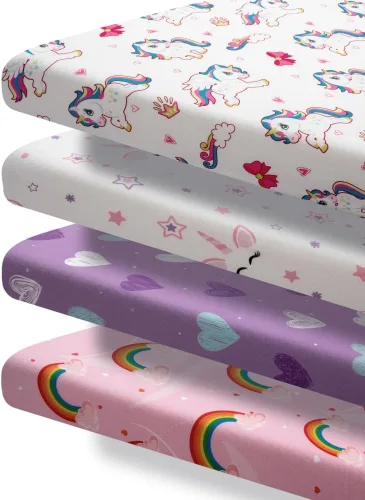 Miniatura 6 de Paquete de 4 sábanas suaves para bebé niña N Play para colchón de mini cuna, diseño de unicornio, arcoíris y corazón, lindo poliéster neutro unisex
