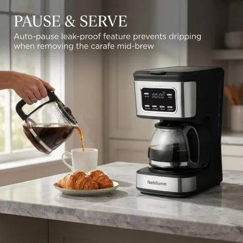 Miniatura 2 de Cafetera programable para 5 tazas, filtro reutilizable, indicador de nivel de agua transparente, apagado automático, cafetera negra y de acero