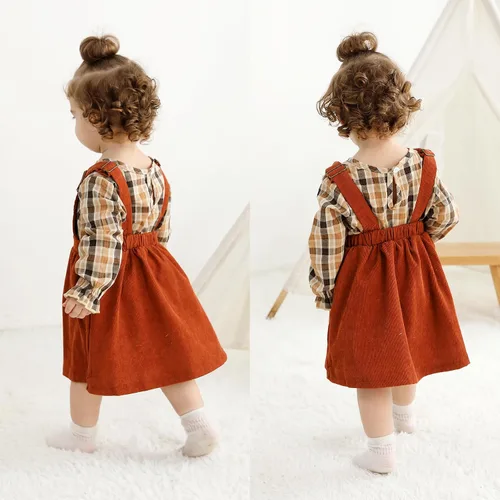 Miniatura 3 de YOUNGER TREE Conjunto de ropa de manga larga a rayas y tirantes para bebé niña con un bolsillo