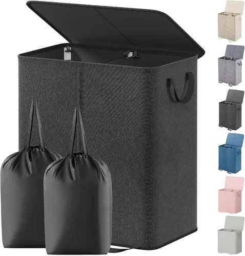 Lifewit Cesta doble para ropa sucia con tapa y bolsas de lavandería extraíbles, gran plegable, 2 divisores, cesta de ropa sucia con asas para Negro