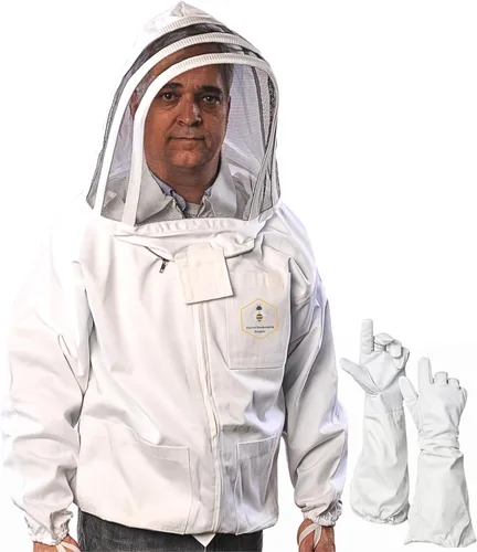 Miniatura 6 de Chaqueta de apicultura con velo y guantes de esgrima, chaqueta de abeja de algodón para hombres y mujeres, cremalleras de latón resistentes (2XL)
