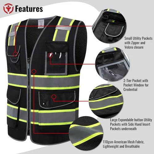 Miniatura 3 de Chaleco de seguridad negro reflectante de alta visibilidad de malla para hombres y mujeres, con 9 bolsillos y cremallera, chaleco de construcción