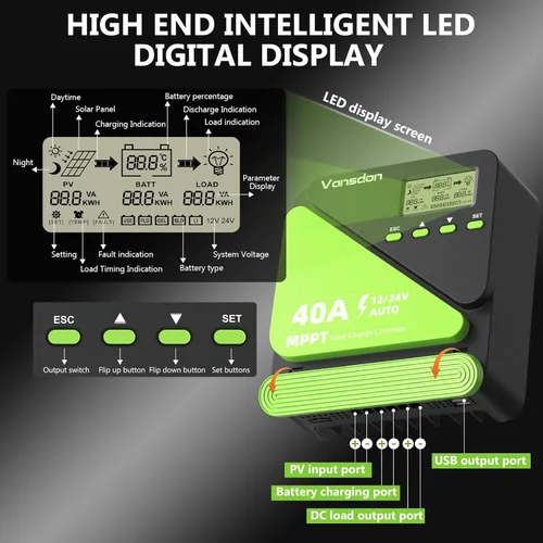 Miniatura 3 de Vansdon Controlador de carga solar de 40 A, controlador de carga solar MPPT de 12 V/24 V, LCD ajustable con temporizador, puertos USB duales