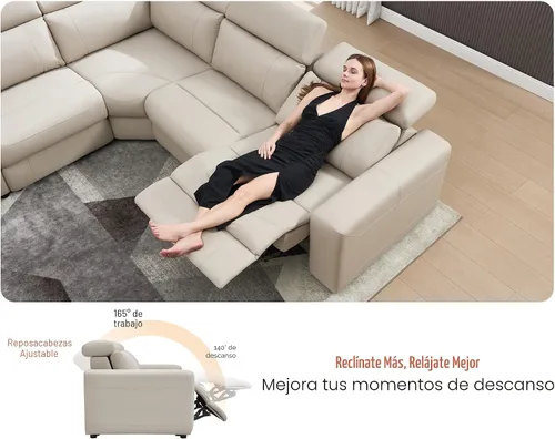 Miniatura 3 de Sofá Reclinable Eléctrico AMERLIFE, Sofá Reclinable con Consola y Reclinación Dual, Sofá Seccional de Cuero para Sala de Estar, Beige Marrón