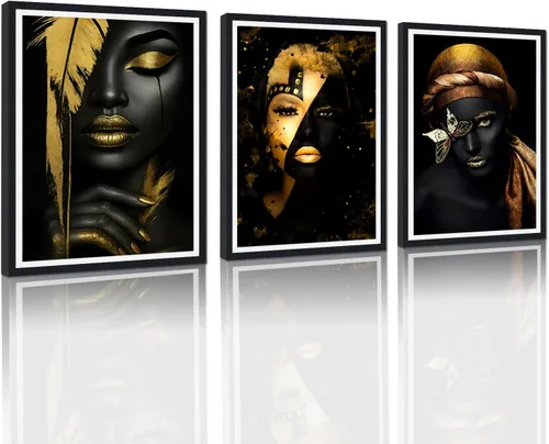 Miniatura 7 de MAMAGO Lienzo decorativo para pared, pintura de belleza dorada y negra, fotos de mujeres africanas, hermosos pósteres de mujer negra, impresiones