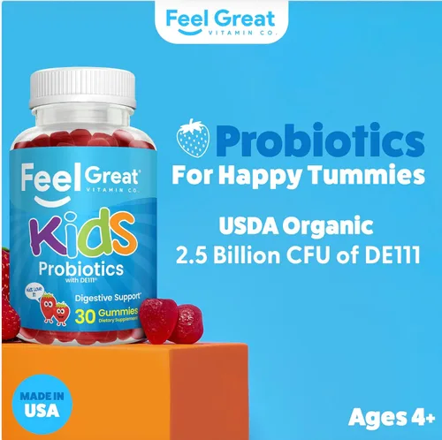 Miniatura 2 de Feel Great USDA - Gomitas probióticas orgánicas para niños, probióticos masticables de fresa para salud digestiva y apoyo inmunológico, probióticos