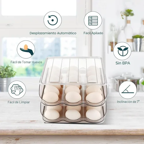 Miniatura 5 de MesRosa Soporte de Huevos para Nevera, Contenedor de Almacenamiento de Huevos con Rotación Automática para Refrigerador, Organizador de Huevos