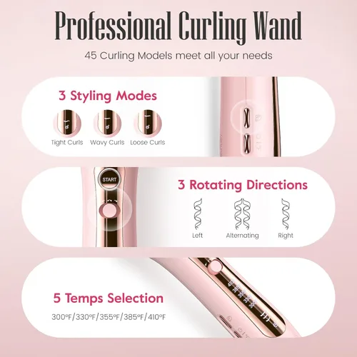 Miniatura 6 de Zavarea Rizador giratorio automático para cabello largo, varita rizadora de 1 pulgada para ondas de playa y rizos sueltos, rizador de pelo fácil Rosa
