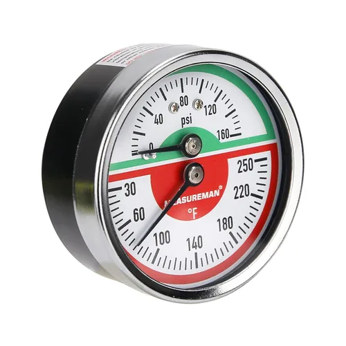 Miniatura 2 de MEASUREMAN Tridicator, Medidor de presión termo-manómetro, esfera de 2-1/2 pulgadas, 0-160 psi/30-250 grados F, caja de hierro negro, montaje