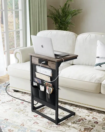 Miniatura 10 de Mesa auxiliar en forma de C con estación de carga rápida, mesa lateral pequeña para sofá con bolsa de almacenamiento, bandeja de TV para sofá