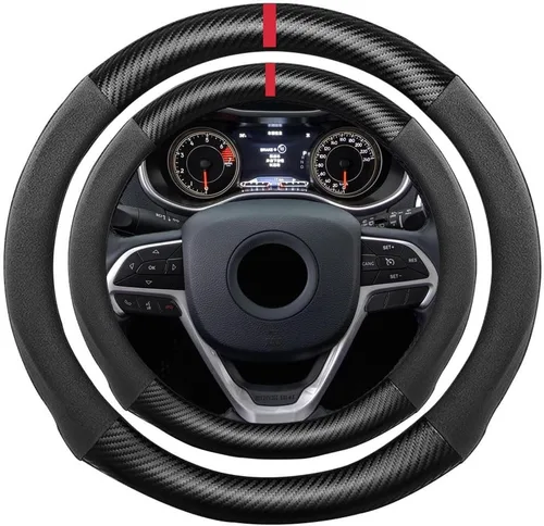 Miniatura 59 de Funda de volante de ante con fibra de carbono de K LAKEY, compatible con Porsche 718 Boxster Cayman 911 Panamera Macan Cayenne de 15 pulgadas, cuero