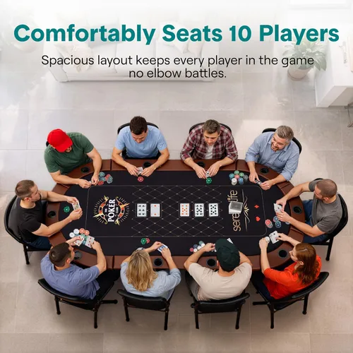 Miniatura 3 de SereneLife Player - Póker plegable ovalado, mesa Texas Holdem, con riel acolchado resistente al agua, 10 portavasos, superficie de fieltro marrón